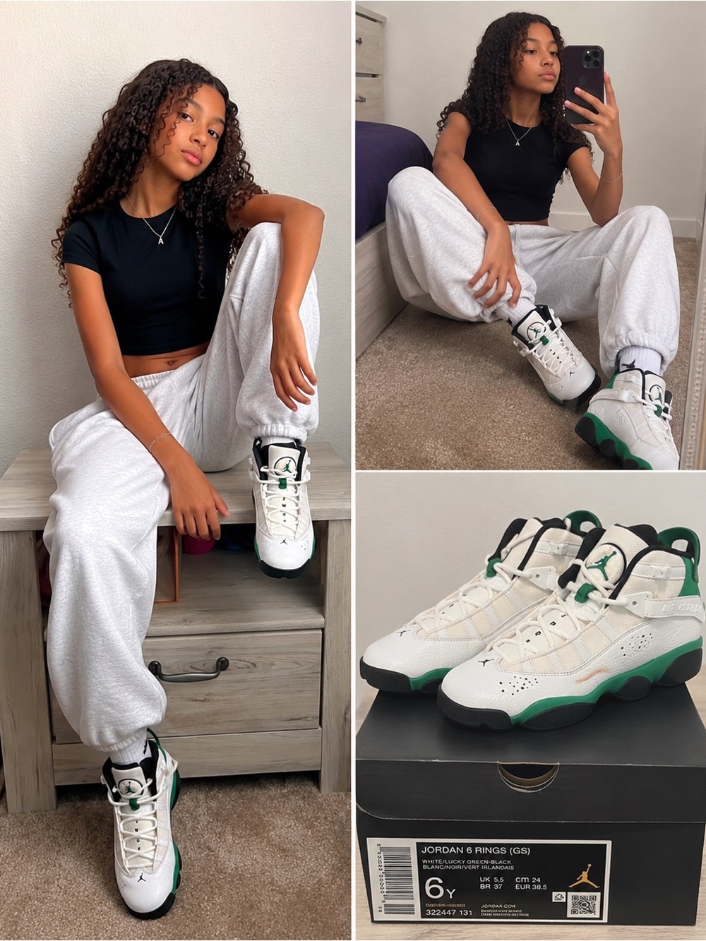 Air Jordan 6 Rings GS White Lucky Green Black Sneakers Youth Size 6Y Box